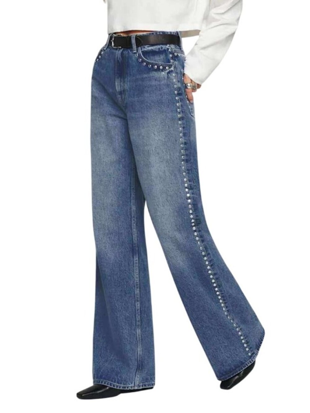 Reformation Cary High Rise Slouchy Wide Leg Jeans Chesapeake Studded 23